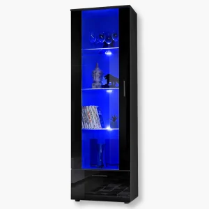 Alessandria Standing Glass-Door Cabinet, Black/Black LED Blue Lighting