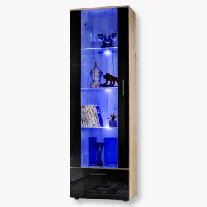 Alessandria, Floor-standing glass-door cabinet, black/wotan LED lighting blue