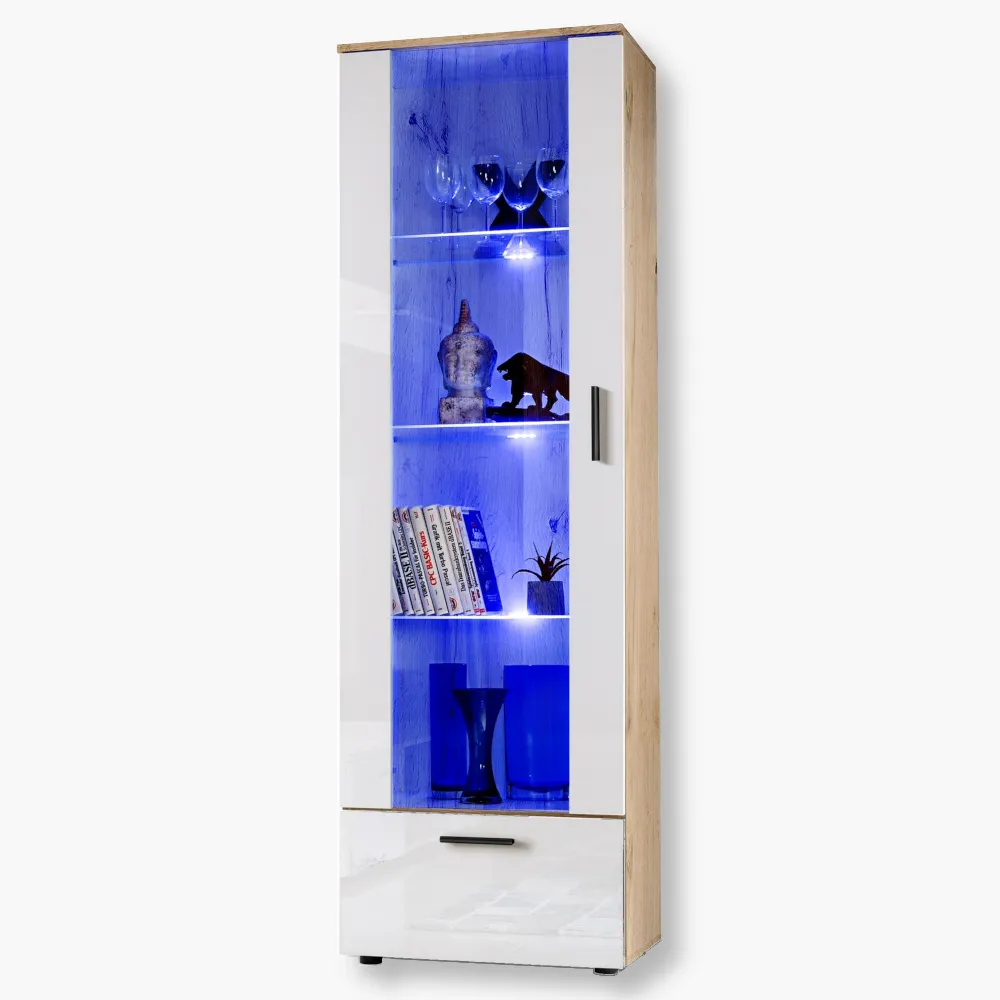 Alessandria-blu-Wotan-White-1-1.webp Alessandria, Floor-standing glass-door cabinet, white/wotan, LED lighting blue - Image 1