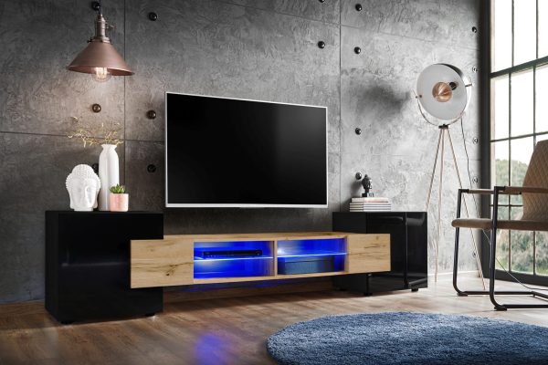 Merano TV Cabinet, Wotan/Black LED Lighting Blue - Image 2