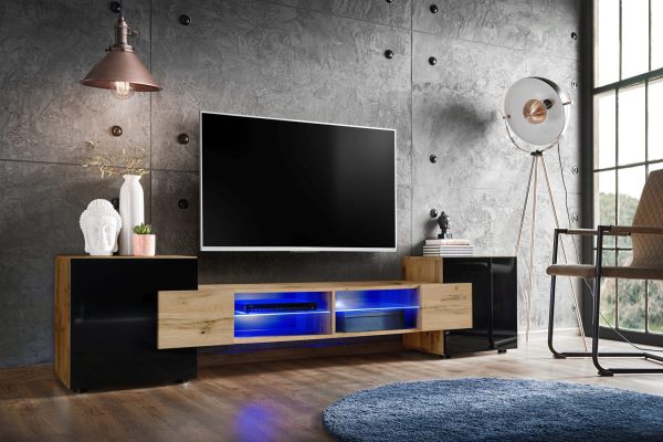 Merano TV Cabinet, Wotan/Black LED Lighting Blue - Image 2