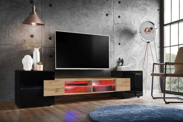 Merano TV Cabinet, Wotan/Black RGB LED Lighting - Image 2