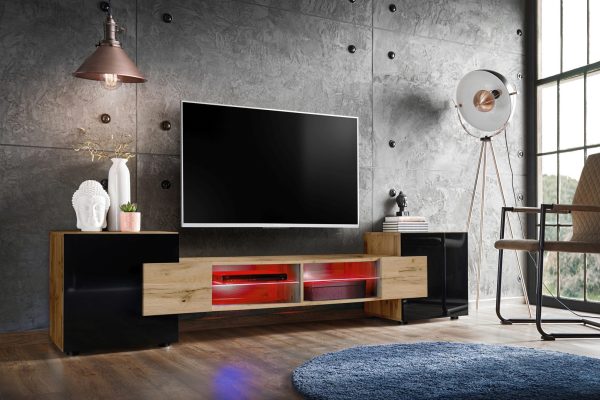 Merano TV Cabinet, Wotan/Black RGB LED Lighting - Image 2