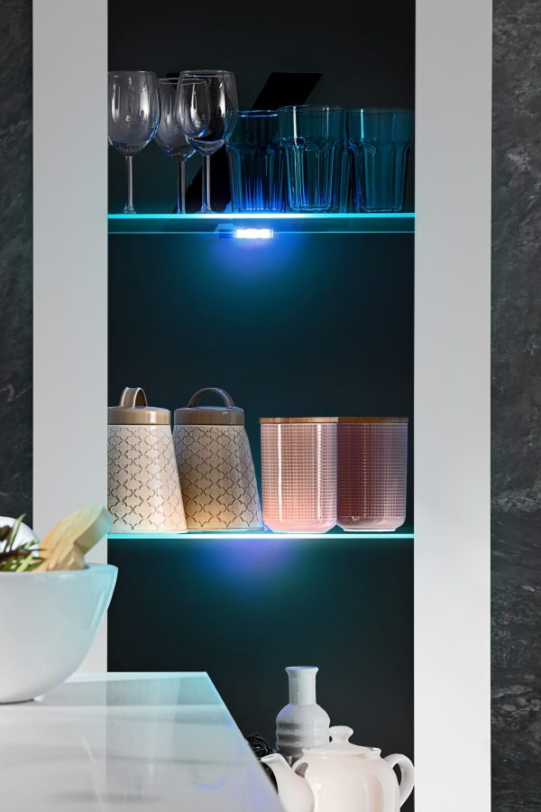 Tivoli Glass-Shelf Cabinet, White/Black LED Lighting Blue - Image 6