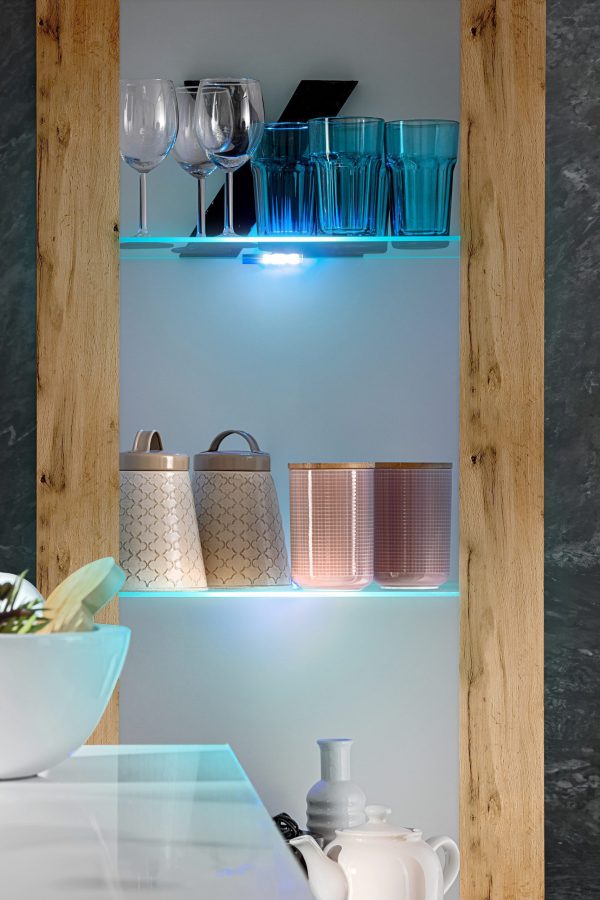 Tivoli Glass-Shelf Cabinet, Wotan/White LED Lighting Blue - Image 6