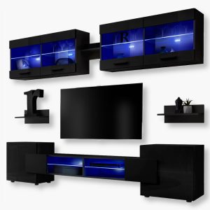 Foggia TV Furniture Set, Black/Black LED Lighting Blue