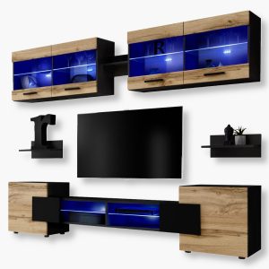 Foggia TV Furniture Set, Wotan/Black LED Lighting Blue