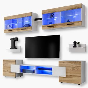 Foggia TV furniture set, Wotan/white LED lighting blue