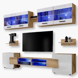 Foggia TV Furniture Set, White/Wotan LED Lighting Blue