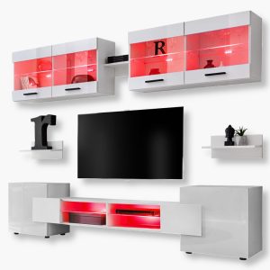 Foggia TV Furniture Set, White/White RGB LED Lighting