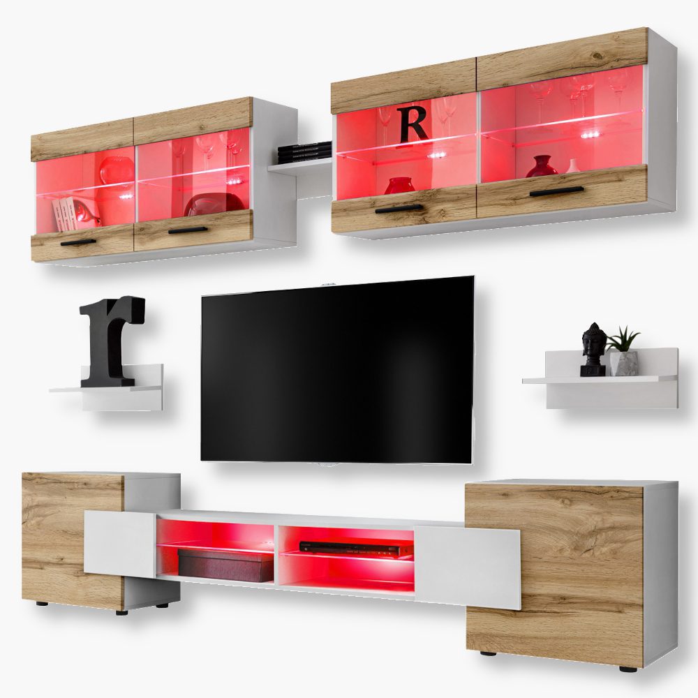 Foggia-RGB-White-Wotan-4.jpg Foggia TV furniture set, Wotan/white RGB LED lighting - Image 1