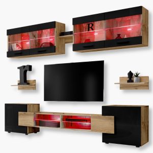 Foggia TV Furniture Set, Black/Wotan RGB LED Lighting