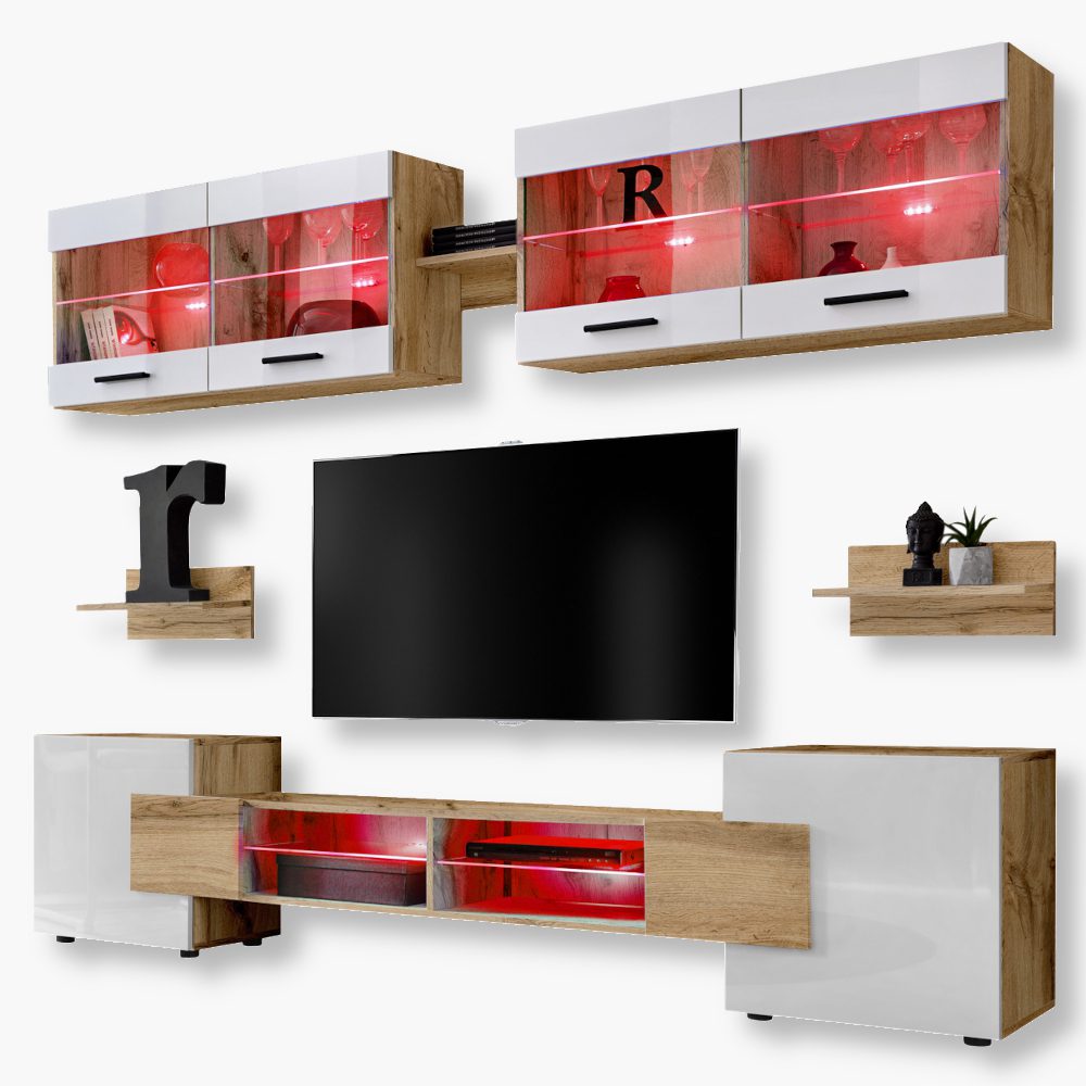 Foggia-RGB-Wotan-White-4.jpg Foggia TV Furniture Set, White/Wotan RGB LED Lighting - Image 1