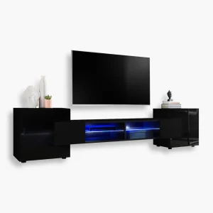 Merano TV Cabinet, Black/Black LED Lighting Blue