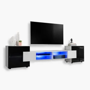 Merano TV Cabinet, White/Black LED Lighting Blue