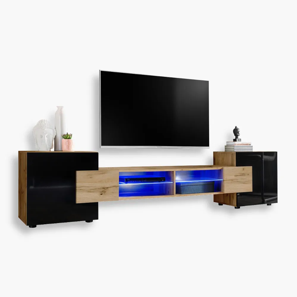 Merano-Blu-Wotan-Wotan-Black-3.webp Merano TV Cabinet, Wotan/Black LED Lighting Blue - Image 1