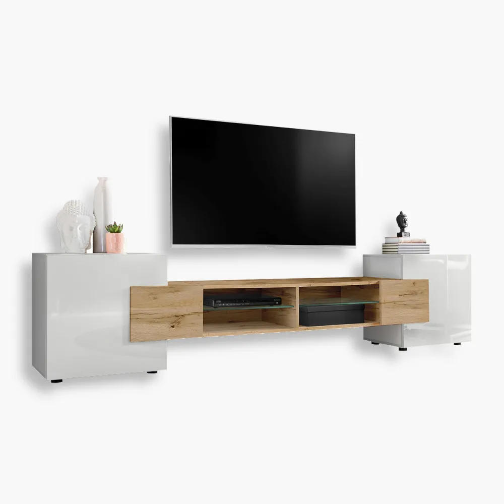 Merano-noLED-White-Wotan-White-3.webp Merano TV cabinet, white/Wotan - Image 1