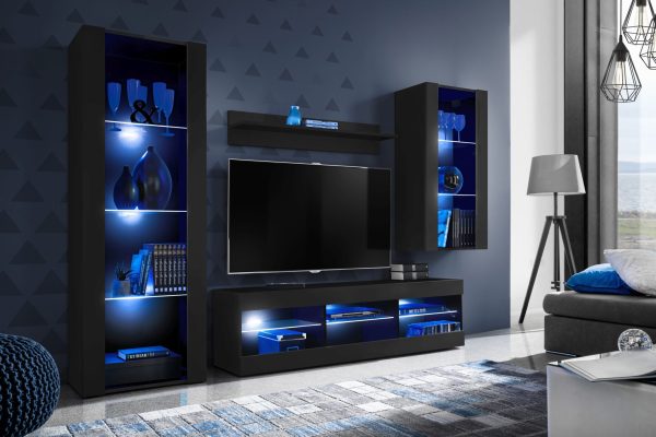 Tivoli Medio TV Furniture Set, Black/Black LED Lighting Blue - Image 2
