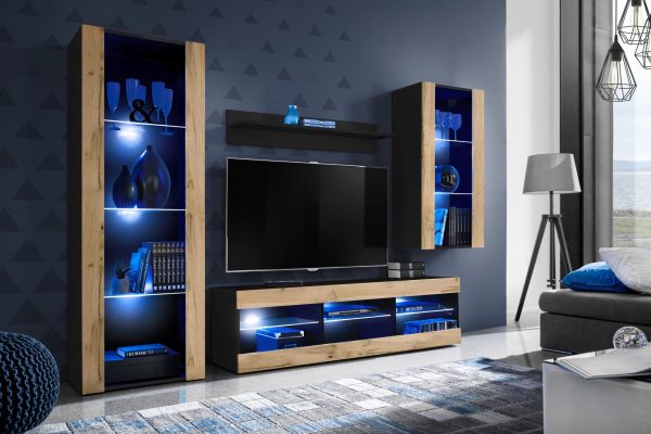 TV Furniture Set Tivoli Medio, Wotan/Black LED Lighting Blue - Image 2