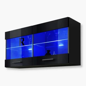 Savona Hanging Shelf Cabinet, Black/Black LED Lighting Blue