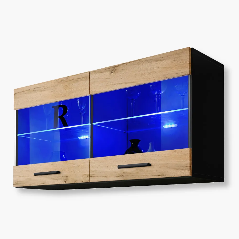 Savona-Blu-Black-Wotan-1-1.webp Savona Hanging Shelf Glass-Door Cabinet, Wotan/Black - Image 1