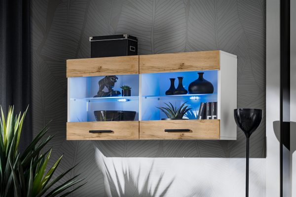 Savona Hanging Shelf Glass-Door Cabinet, Wotan/White LED Lighting Blue - Image 2