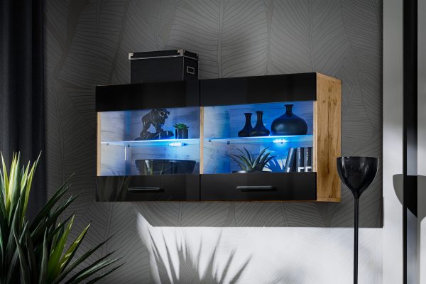 Savona Hanging Shelf Cabinet, Black/Wotan LED Blue Lighting - Image 2