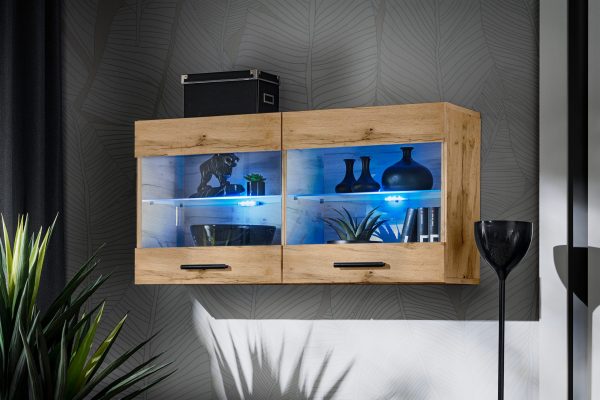 Savona Hanging Shelf Glass-Door Cabinet, Wotan/Wotan LED Lighting Blue - Image 2