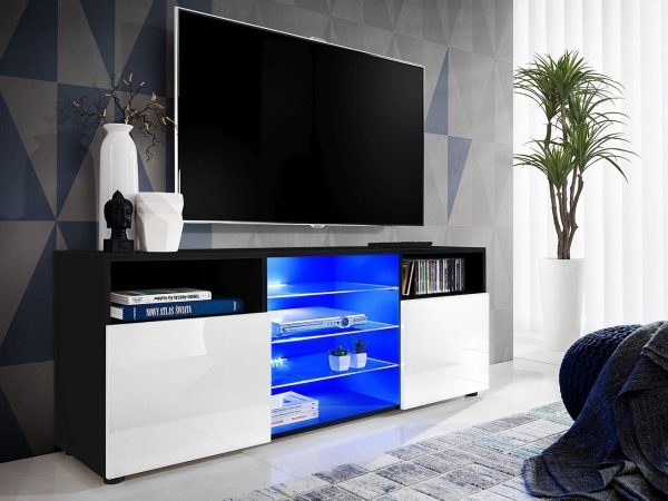 Urbino TV cabinet, white/black, blue LED lighting - Image 2