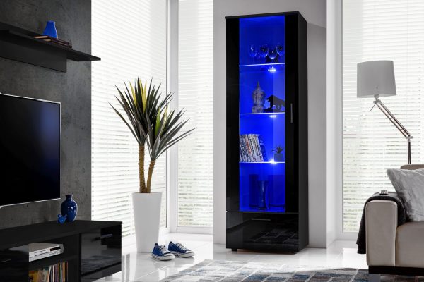 Alessandria Standing Glass-Door Cabinet, Black/Black LED Blue Lighting - Image 4