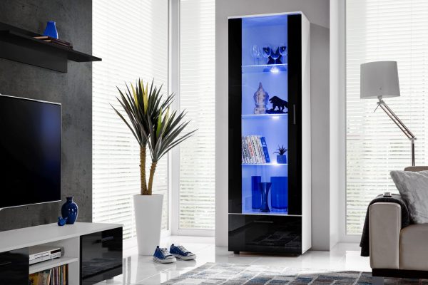 Alessandria Floor-standing Glass-Door Cabinet, Black/White LED Blue Lighting - Image 4