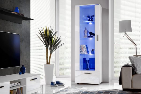 Alessandria, Floor-standing glass-door cabinet, white/white, LED lighting blue - Image 4