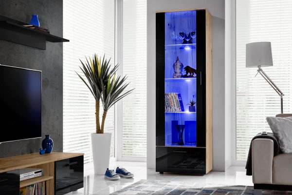 Alessandria, Floor-standing glass-door cabinet, black/wotan LED lighting blue - Image 4