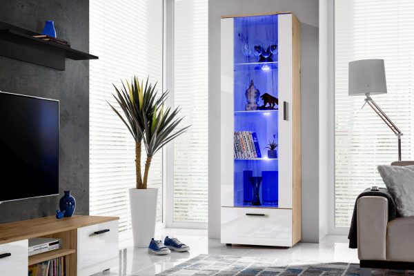 Alessandria, Floor-standing glass-door cabinet, white/wotan, LED lighting blue - Image 4