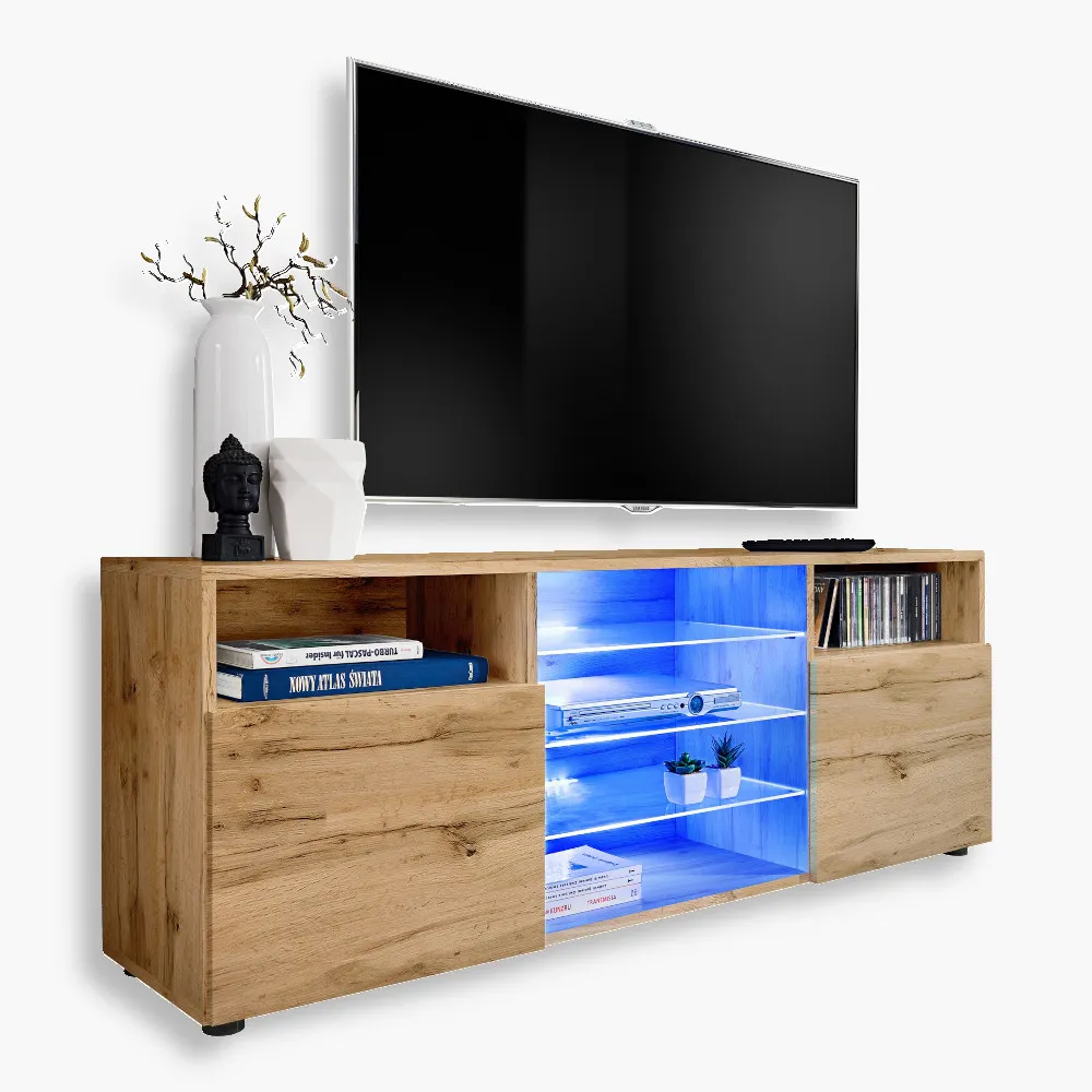 Urbina-Blu-Wotan-Wotan-1-1.webp TV cabinet Urbino, Wotan/Wotan LED lighting blue - Image 1