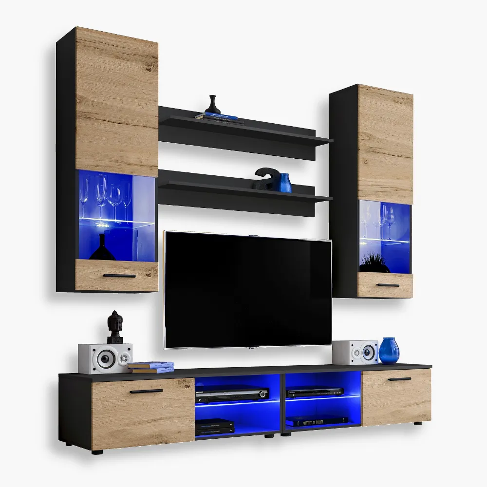 Varallo-Blu-Black-Wotan-1-1.webp Varallo TV furniture set, Wotan/black, LED lighting, blue - Image 1