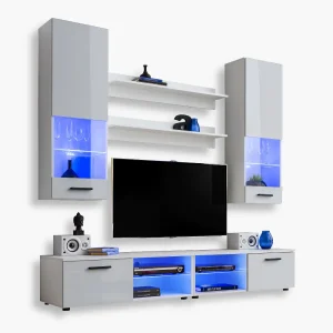 Varallo TV Furniture Set, White/White LED Lighting Blue