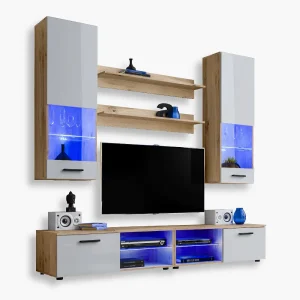 Varallo TV furniture set, white/wotan LED lighting blue