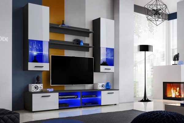 Varallo TV furniture set, white/black LED lighting blue - Image 2