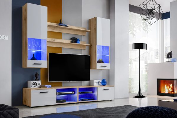 Varallo TV furniture set, white/wotan LED lighting blue - Image 2