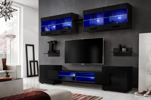 Foggia TV Furniture Set, Black/Black LED Lighting Blue - Image 2