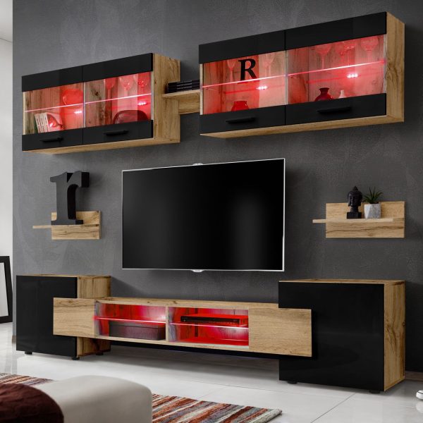 Foggia TV Furniture Set, Black/Wotan RGB LED Lighting - Image 2