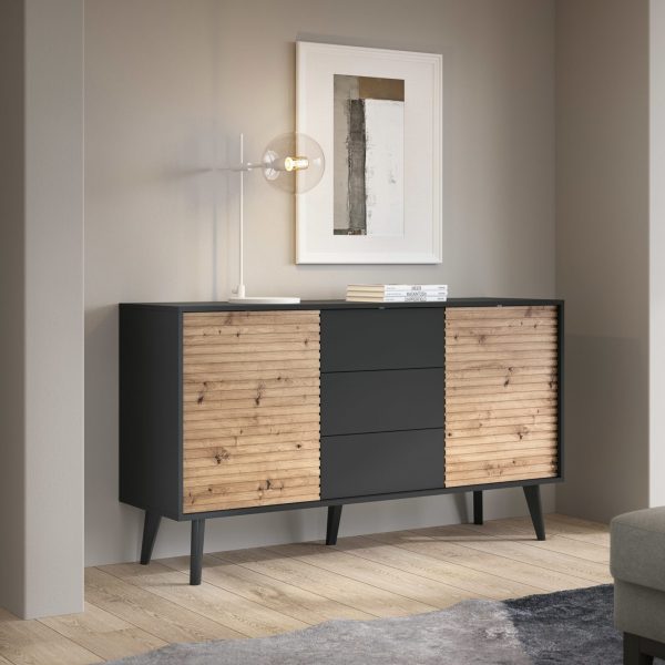 Saskatoon KSZ154 – two-door chest of drawers, black, oak artisan, width 154 cm, height 83 cm, depth 39 cm - Image 3