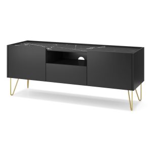 TV cabinet Canmore 144 cm – black graphite, marble black – width 144 cm, height 55 cm, depth 37 cm
