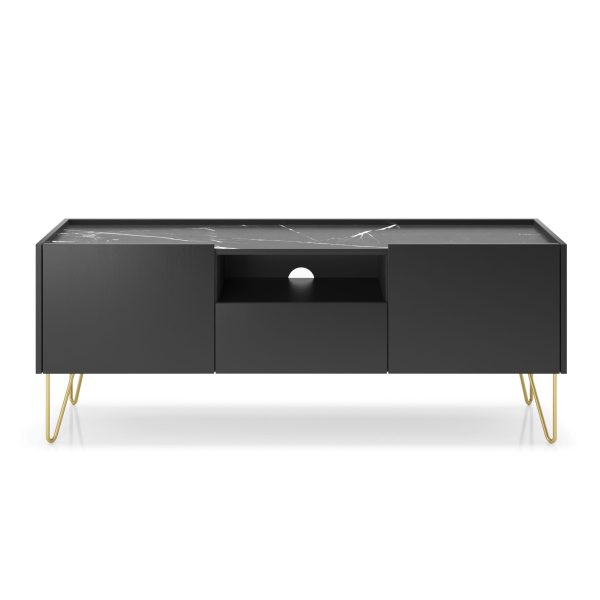 TV cabinet Canmore 144 cm – black graphite, marble black – width 144 cm, height 55 cm, depth 37 cm - Image 2