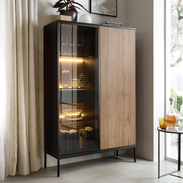 Laval WTSZ104 – display cabinet with LED lighting, black, wotan oak, slat, width 104 cm, height 166 cm, depth 39 cm - Image 2