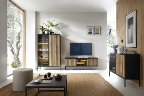 Laval WTSZ104 – display cabinet with LED lighting, black, wotan oak, slat, width 104 cm, height 166 cm, depth 39 cm - Image 8