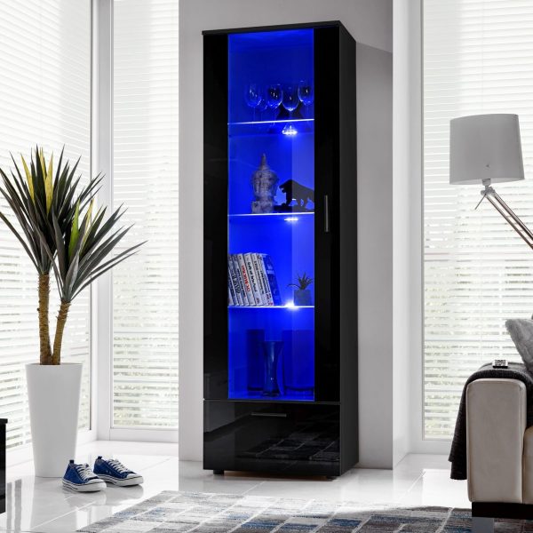 Alessandria Standing Glass-Door Cabinet, Black/Black LED Blue Lighting - Image 2