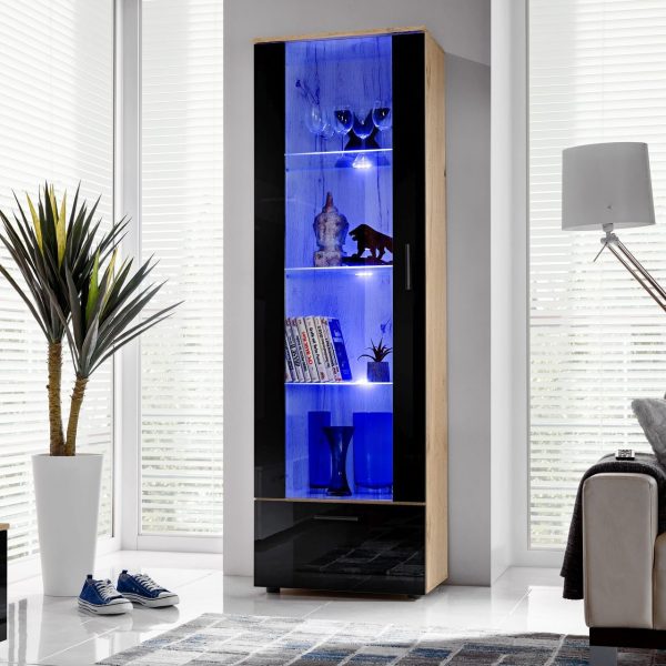 Alessandria, Floor-standing glass-door cabinet, black/wotan LED lighting blue - Image 2