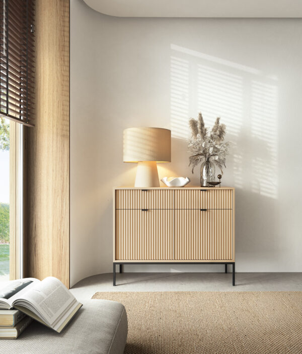 Commode NANAIMO KSZ104 - Oak Color - Black Handles - 2 Drawers - Width 104 cm, Height 83 cm, Depth 39 cm - Image 6
